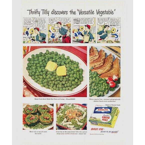 1950 Birds Eyes Green Peas Vintage Print Ad Thrifty Tilly Cartoon 50s Wall Art - Picture 1 of 2